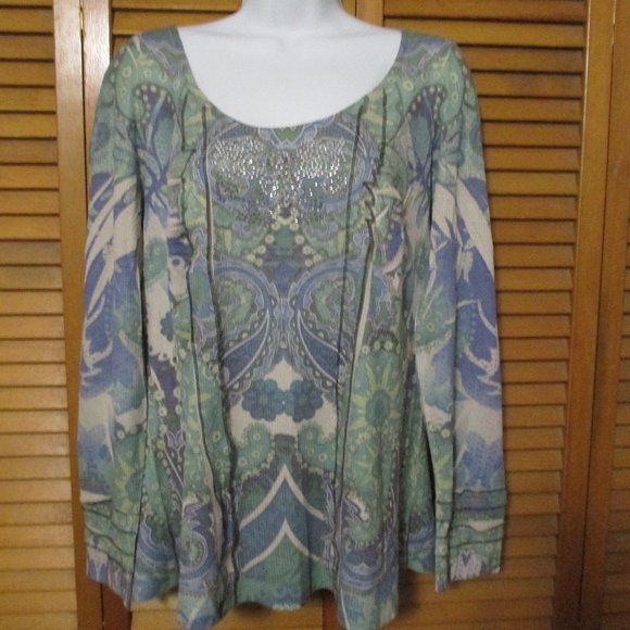 Live and Let Live top blue & green lightweight soft stretchy with bling size L - Picture 1 of 7
